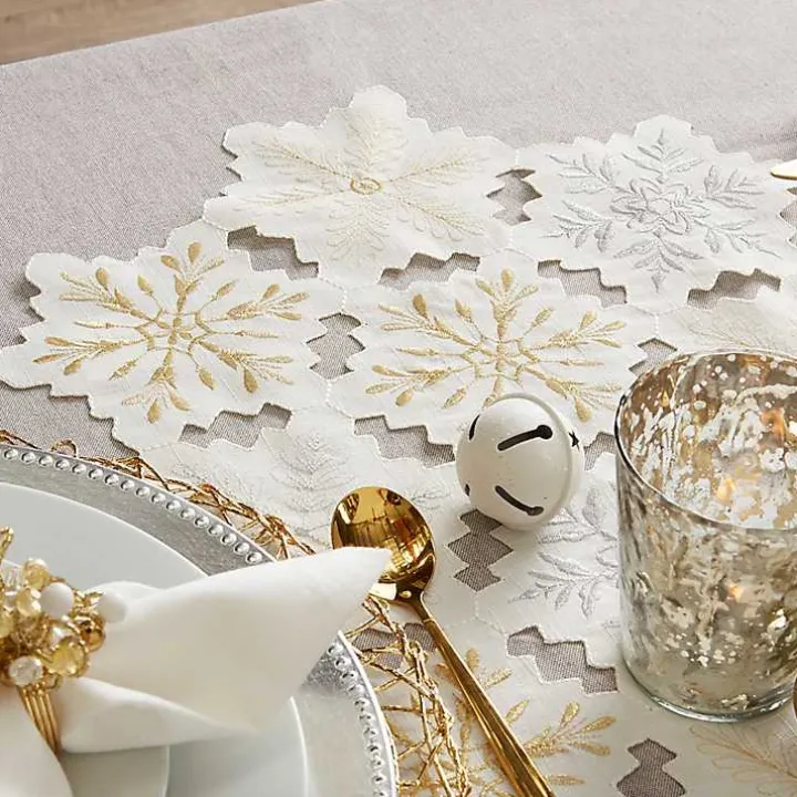 White Embroidered Snowflakes Table Runner