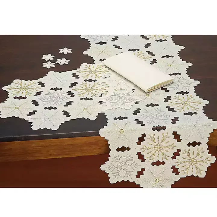 White Embroidered Snowflakes Table Runner