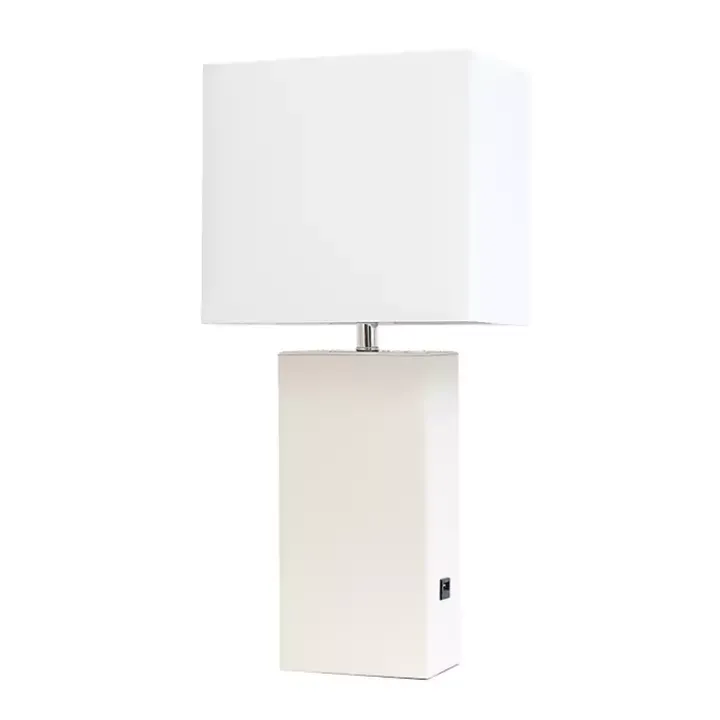 White Faux Leather Charging Table Lamp