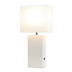 White Faux Leather Charging Table Lamp