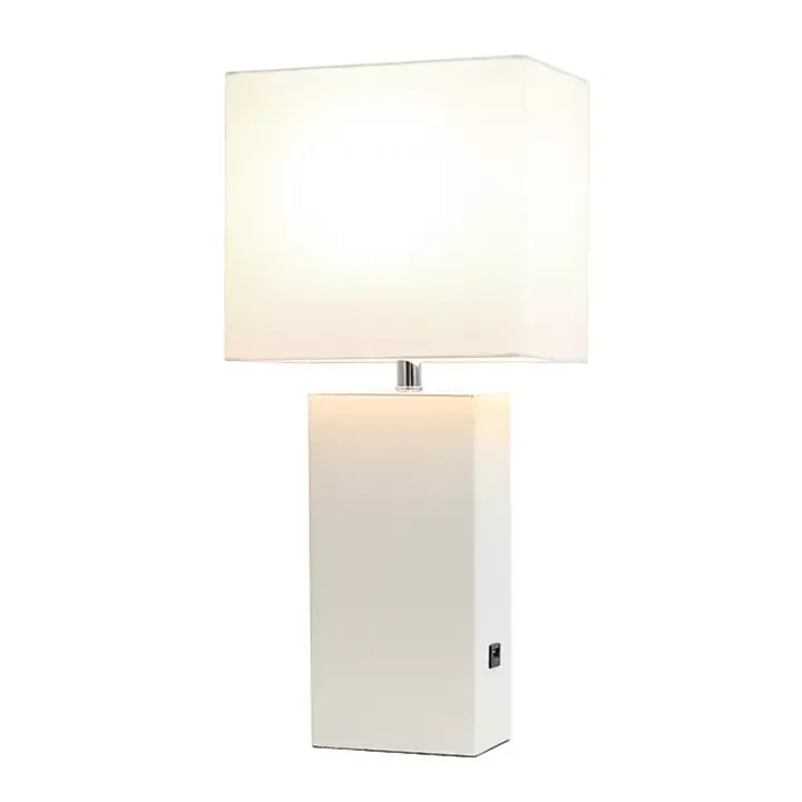White Faux Leather Charging Table Lamp