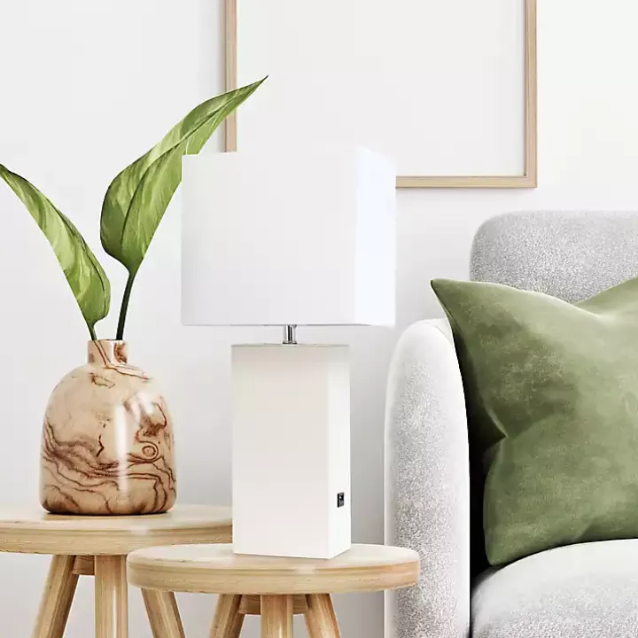 White Faux Leather Charging Table Lamp