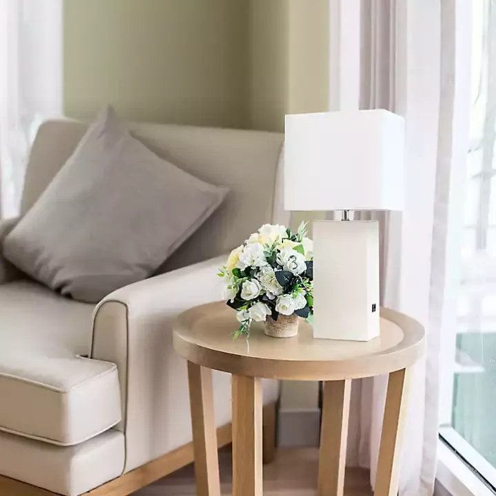 White Faux Leather Charging Table Lamp