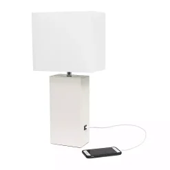 White Faux Leather Charging Table Lamp