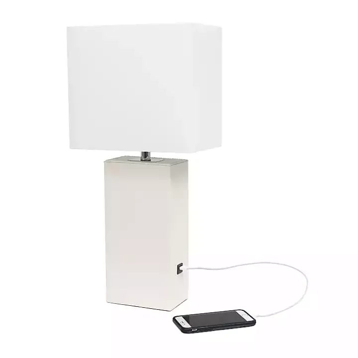 White Faux Leather Charging Table Lamp