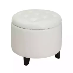 White Faux Leather Eliza Round Storage Ottoman
