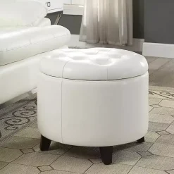 White Faux Leather Eliza Round Storage Ottoman