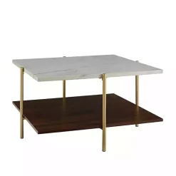 White Faux Marble and Brown Wood Coffee Table