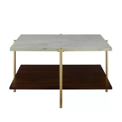 White Faux Marble and Brown Wood Coffee Table