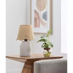 White Faux Stone Table Lamp with Scalloped Shade