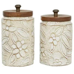 White Floral Jars with Wood Lids, Set of 2