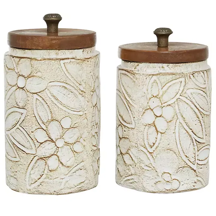 White Floral Jars with Wood Lids, Set of 2