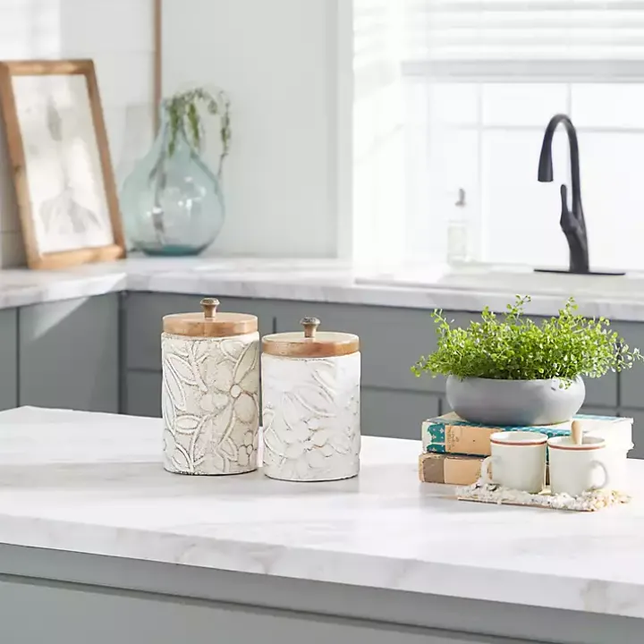 White Floral Jars with Wood Lids, Set of 2