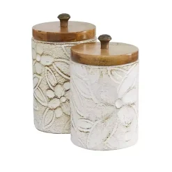 White Floral Jars with Wood Lids, Set of 2