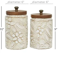 White Floral Jars with Wood Lids, Set of 2
