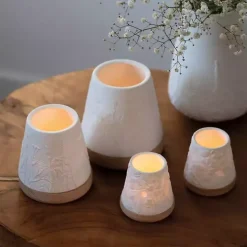 White Floral Meadow Embossed Wood Base Vase