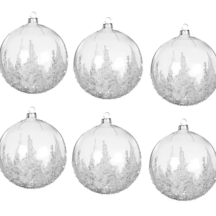 White Hand Blown Glass Beaded Ornaments, Set of 6