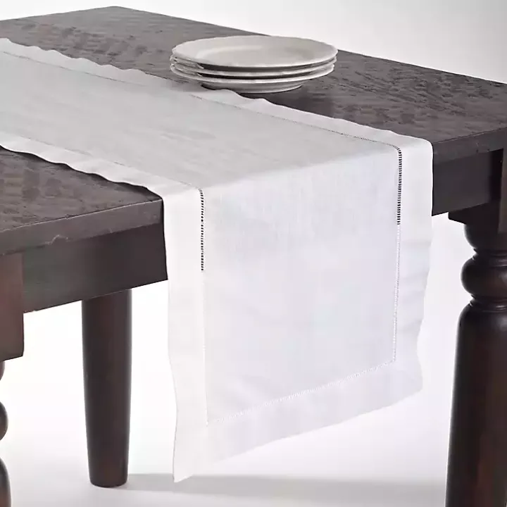 White Hemstitched Linen Oblong Runner