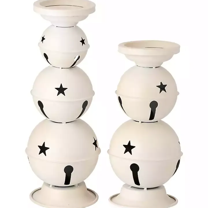 White Jingle Bells Candle Holders, Set of 2