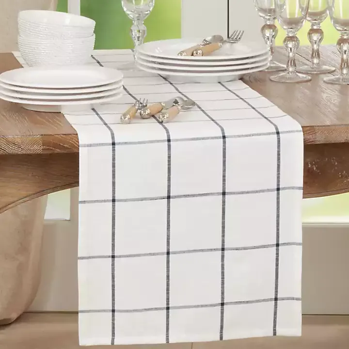 White Large Plaid Long Table Runner, 72 in.