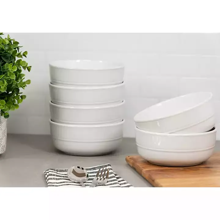 White Linear Cereal Bowls, Set of 6