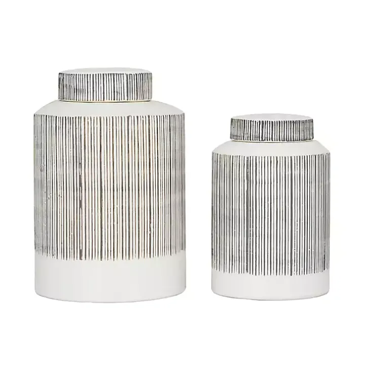 White Lined Ceramic Jars, Set of 2