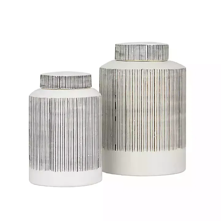 White Lined Ceramic Jars, Set of 2