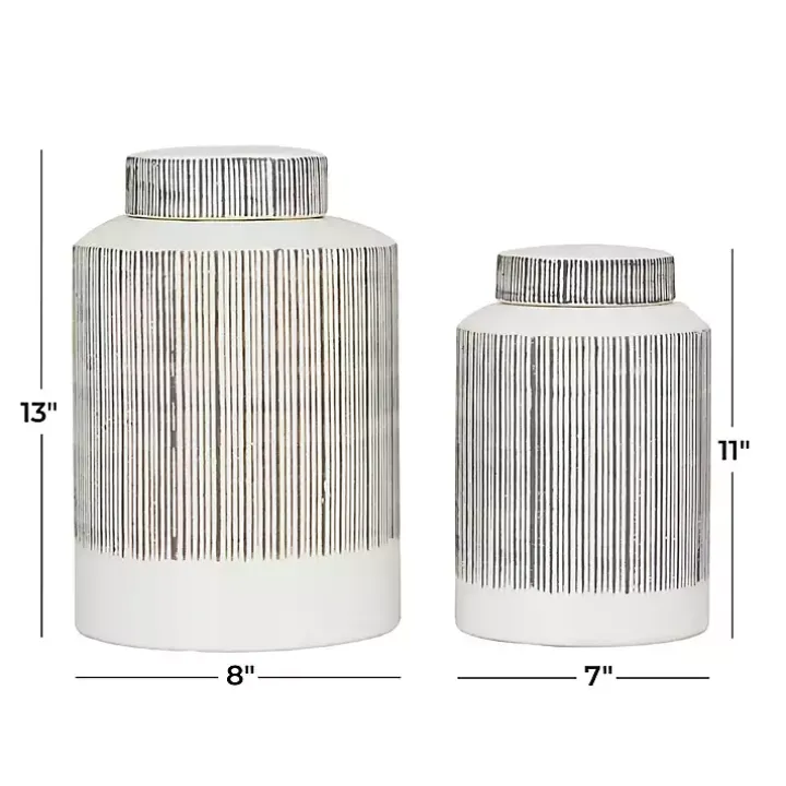 White Lined Ceramic Jars, Set of 2