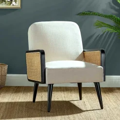 White Linen and Rattan Accent Chair