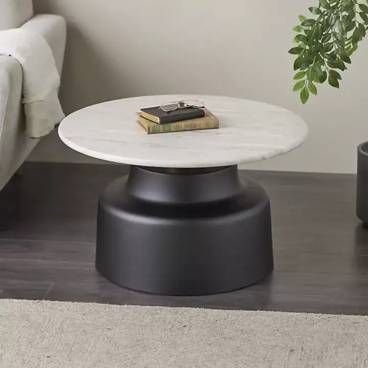 White Marble & Black Metal Pedestal Coffee Table