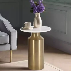 White Marble and Gold Cylinder Accent Table
