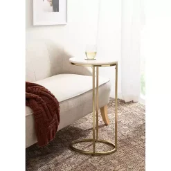 White Marble and Gold Oval C-Shape Accent Table