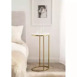 White Marble and Gold Oval C-Shape Accent Table