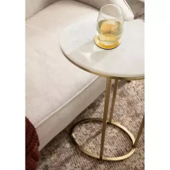 White Marble and Gold Oval C-Shape Accent Table