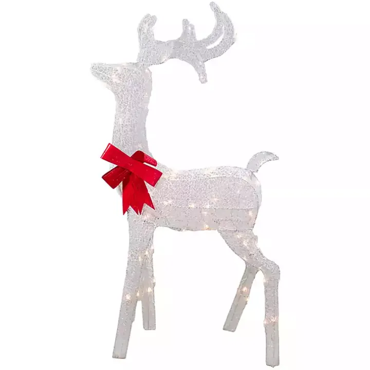 White Mesh and Red Bow Standing LED Christmas Deer