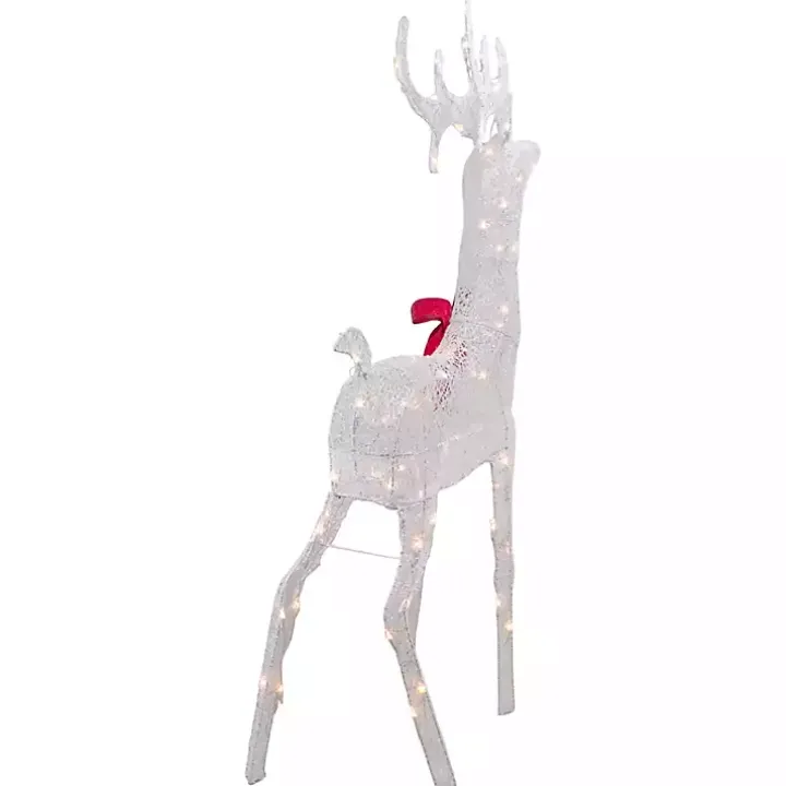 White Mesh and Red Bow Standing LED Christmas Deer