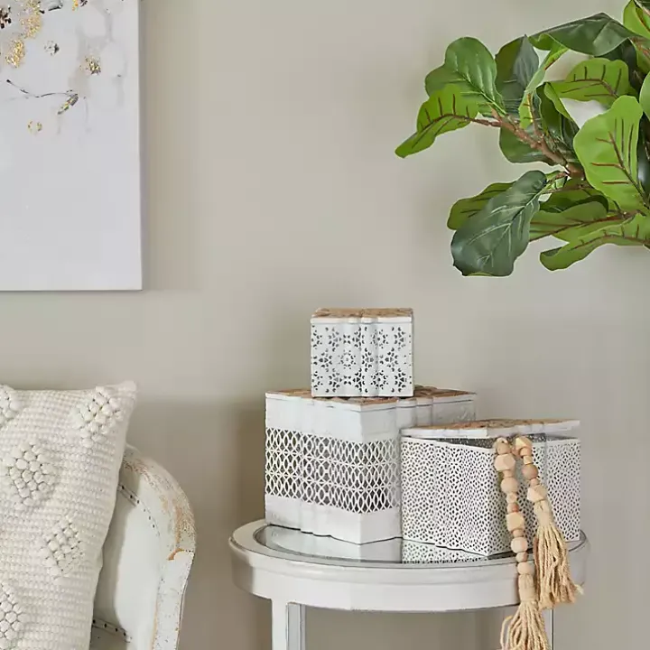 White Metal and Carved Wood Boxes, Set of 3