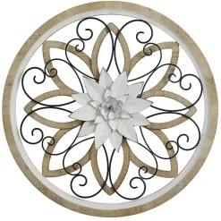 White Metal and Wood Floral Round Wall Plaque