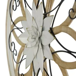 White Metal and Wood Floral Round Wall Plaque