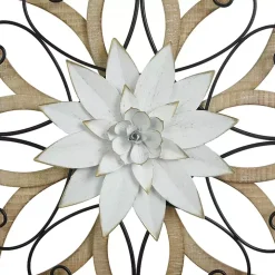 White Metal and Wood Floral Round Wall Plaque