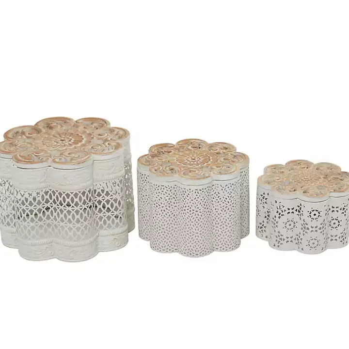 White Metal Floral Carved Boxes, Set of 3