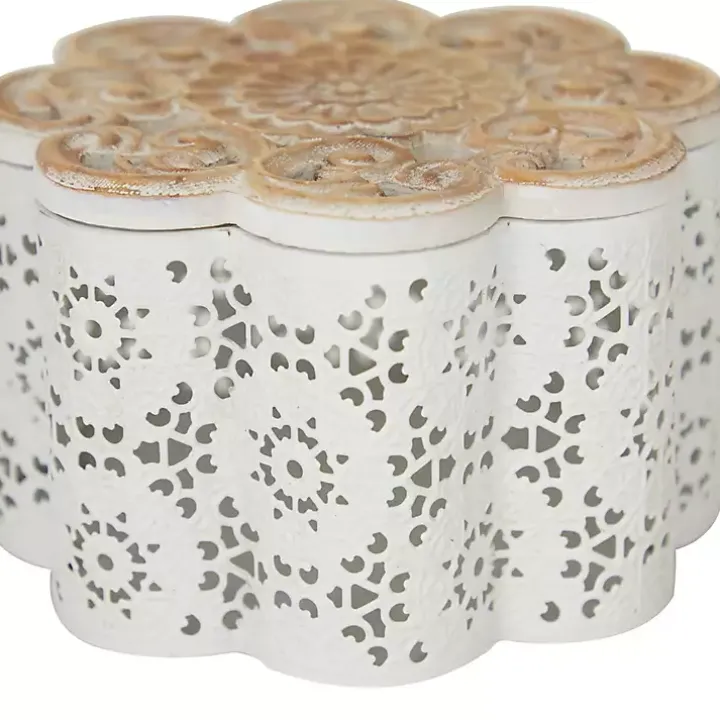 White Metal Floral Carved Boxes, Set of 3