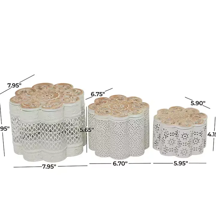 White Metal Floral Carved Boxes, Set of 3