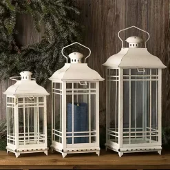 White Metal Windowpane Lanterns, Set of 3