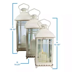 White Metal Windowpane Lanterns, Set of 3