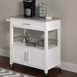 White Parker Granite Top Rolling Kitchen Cart