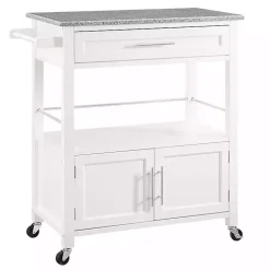 White Parker Granite Top Rolling Kitchen Cart