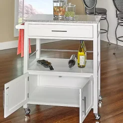 White Parker Granite Top Rolling Kitchen Cart