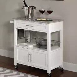 White Parker Granite Top Rolling Kitchen Cart