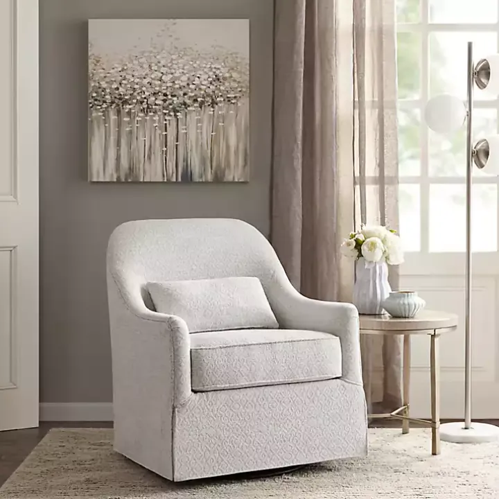 White Patterned Upholstered Swivel Glider Chair
